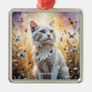 Fantasy Cute White Cat Butterflies Metal Ornament