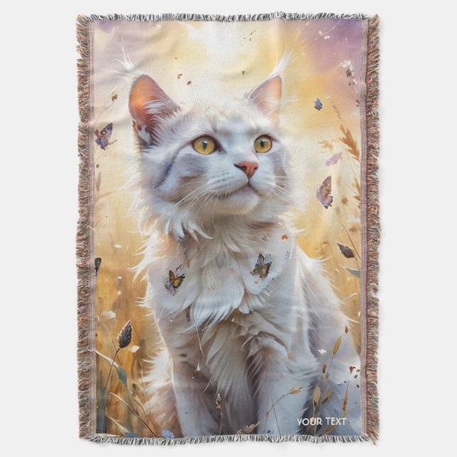 Fantasy Cute White Cat Butterflies Throw Blanket (Front Vertical)