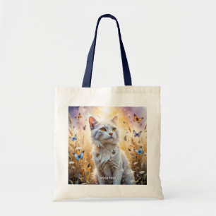 Fantasy Cute White Cat Butterflies Tote Bag