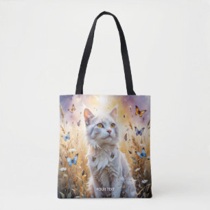 Fantasy Cute White Cat Butterflies Tote Bag