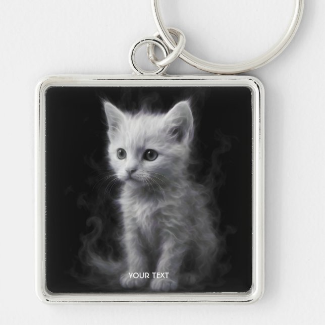 Fantasy Cute White Smoke Kitten Key Ring (Front)