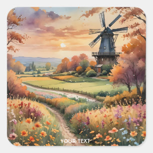Fantasy Cute Windmill Flowers Field Square Sticker
