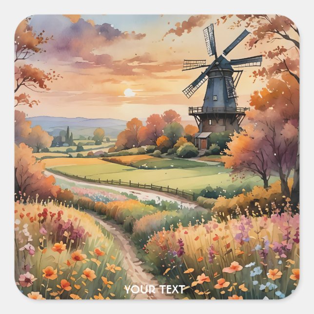 Fantasy Cute Windmill Flowers Field Square Sticker (Front)