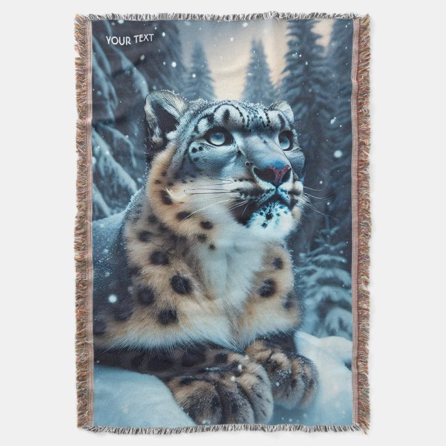 Fantasy Cute Winter Snow Leopard Throw Blanket (Front Vertical)