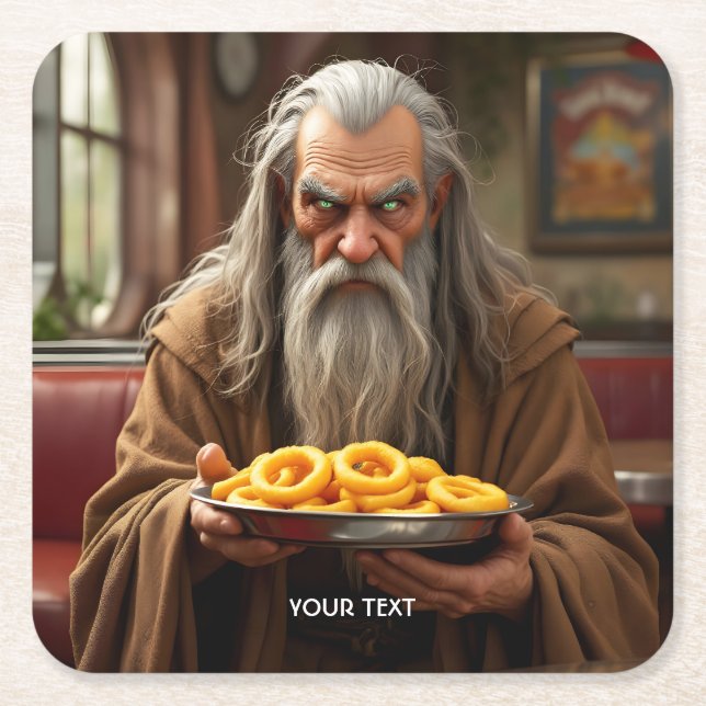 Fantasy Cute Wizard Onion Rings Square Paper Coaster (Front)