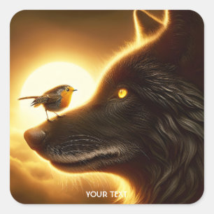 Fantasy Cute Wolf Bird Sun Square Sticker
