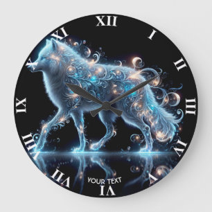 Fantasy Cute Wolf Blue Reflection Large Clock