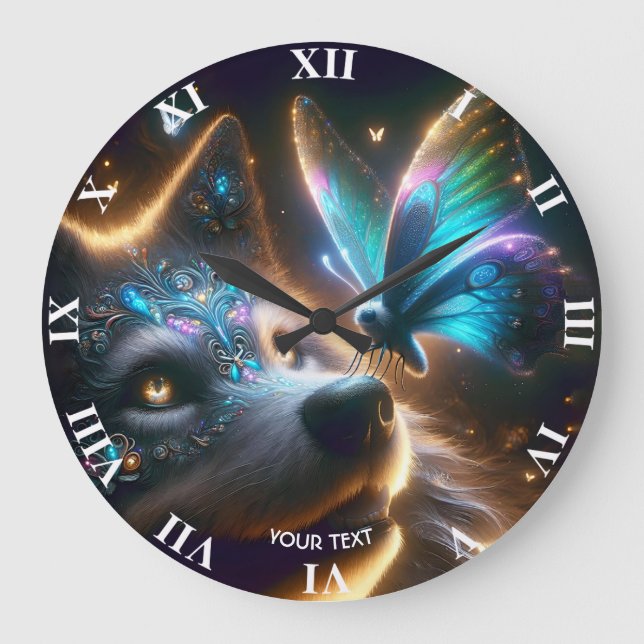 Fantasy Cute Wolf Butterfly Space Large Clock (Front)