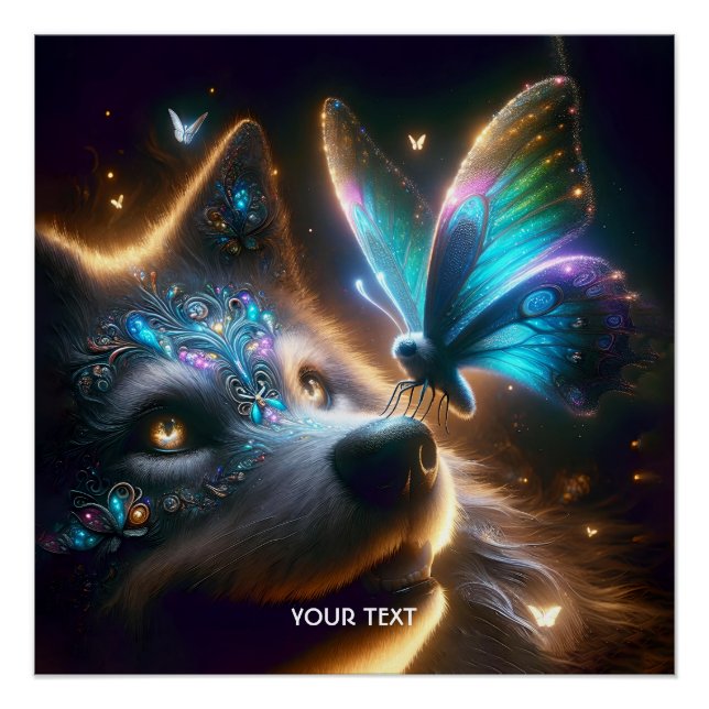 Fantasy Cute Wolf Butterfly Space Poster (Front)
