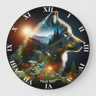 Fantasy Cute Wolf Double Exposition Large Clock