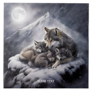 Fantasy Cute Wolf Family Winter Ceramic Tile