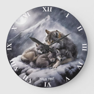 Fantasy Cute Wolf Family Winter Large Clock