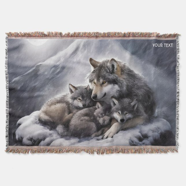 Fantasy Cute Wolf Family Winter Throw Blanket (Front)