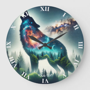 Fantasy Cute Wolf Forest Space Large Clock