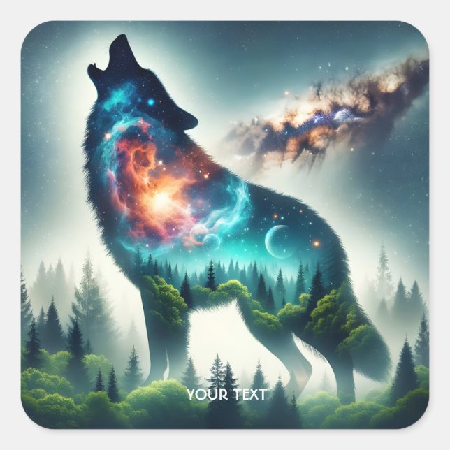 Fantasy Cute Wolf Forest Space Square Sticker (Front)