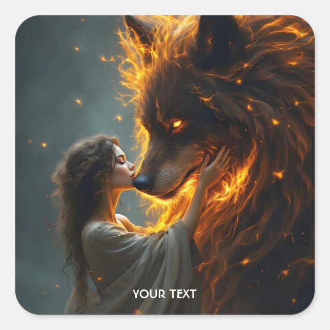Fantasy Cute Wolf Girl Fire Square Sticker (Front)