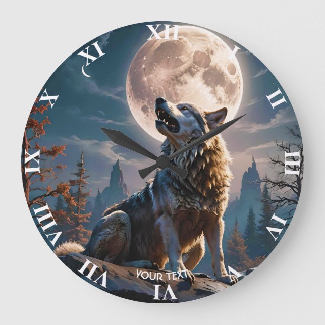 Fantasy Cute Wolf Howling To Moon Large Clock (Front)