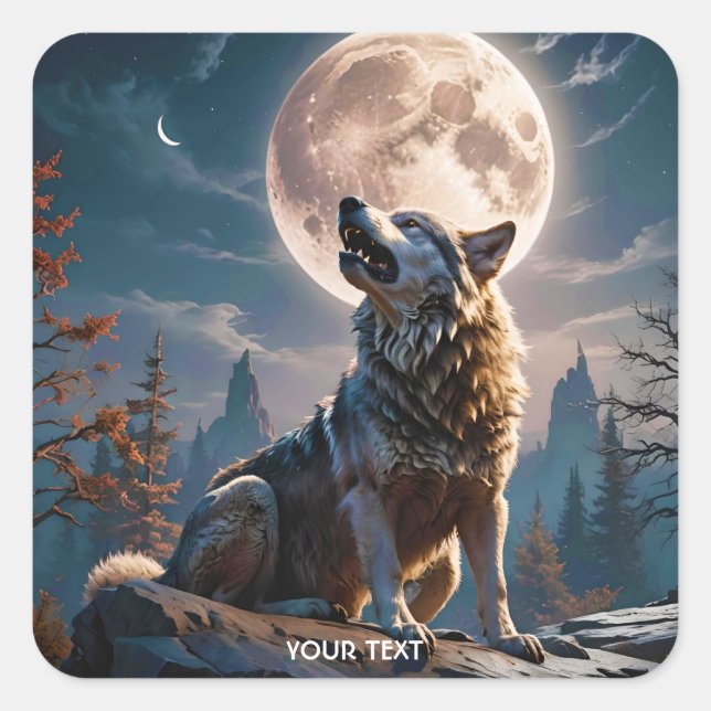 Fantasy Cute Wolf Howling To Moon Square Sticker (Front)