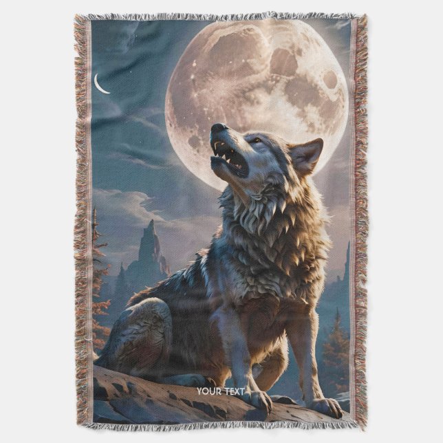 Fantasy Cute Wolf Howling To Moon Throw Blanket (Front Vertical)