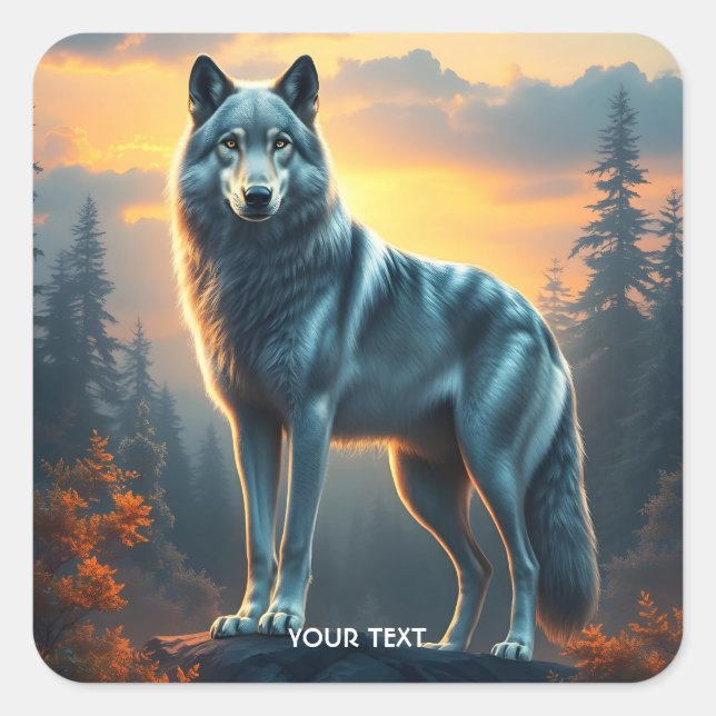 Fantasy Cute Wolf On Rock Square Sticker (Front)