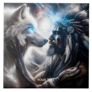 Fantasy Cute Wolf Tribal Man Ceramic Tile