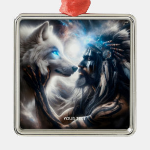 Fantasy Cute Wolf Tribal Man Metal Ornament