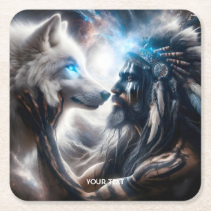Fantasy Cute Wolf Tribal Man Square Paper Coaster
