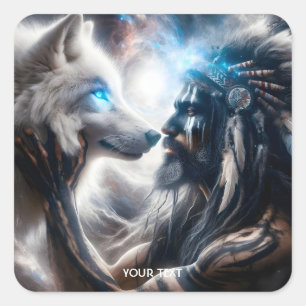 Fantasy Cute Wolf Tribal Man Square Sticker