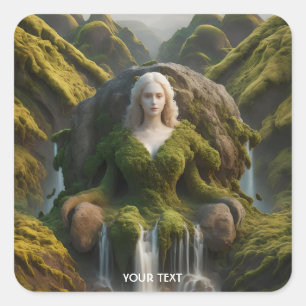 Fantasy Cute Woman Moss Waterfall Square Sticker