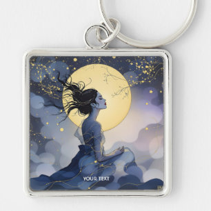 Fantasy Cute Woman Trees Moon Key Ring