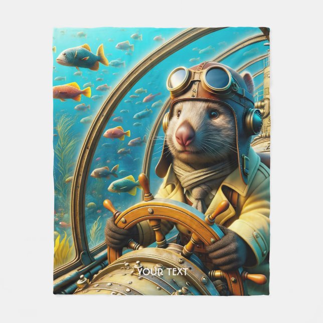 Fantasy Cute Wombat Pilot Underwater Fleece Blanket (Front)