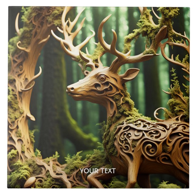 Fantasy Cute Wooden Carving Deer Ceramic Tile (Front)