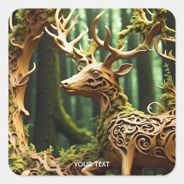 Fantasy Cute Wooden Carving Deer Square Sticker (Front)