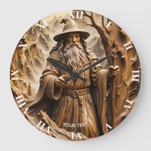 Fantasy Cute Wooden Carving Wizard Large Clock