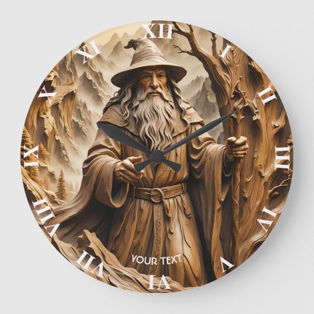 Fantasy Cute Wooden Carving Wizard Large Clock (Front)