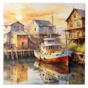 Fantasy Cute Wooden Fishing Trawler Ceramic Tile