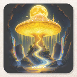 Fantasy Cute Yellow Ancient Mushroom Square Paper Coaster
