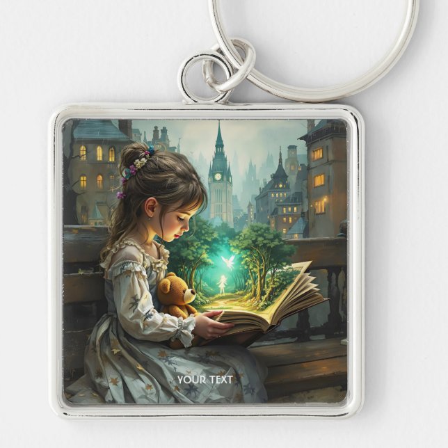 Fantasy Cute Young Girl Reading Key Ring (Front)
