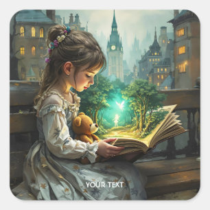 Fantasy Cute Young Girl Reading Square Sticker