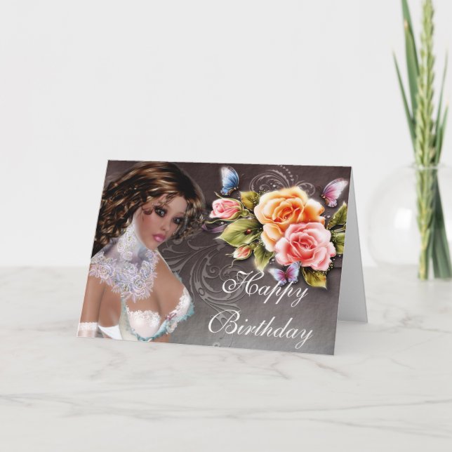 Fantasy Dark Skin Brunette with Rose Birthday Card (Front)