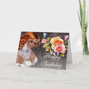 Fantasy Dark Skin Redhead with Roses Birthday Card