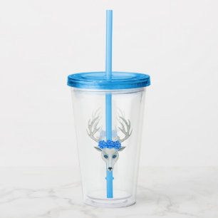 Fantasy Deer Head White Antlers Pretty Blue Roses Acrylic Tumbler