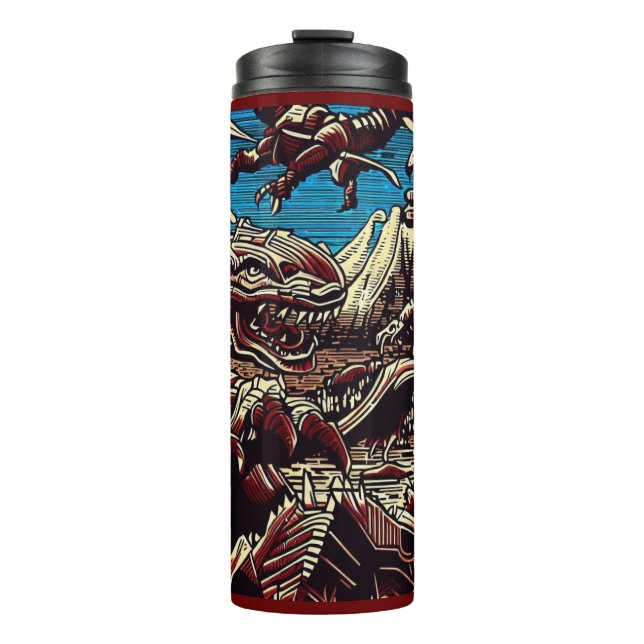 Fantasy Dinosaur Robots Anime - Woodcut 2 Thermal Tumbler (Front)