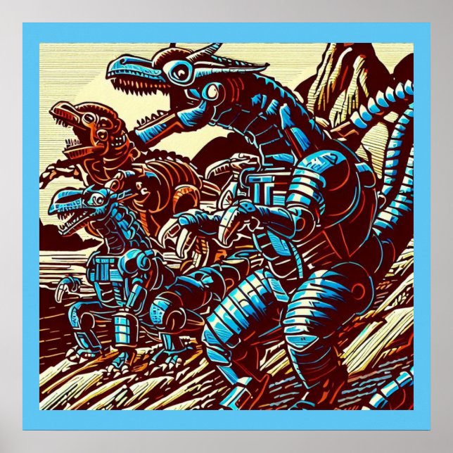Fantasy Dinosaur Robots Anime - Woodcut 3 Poster (Front)