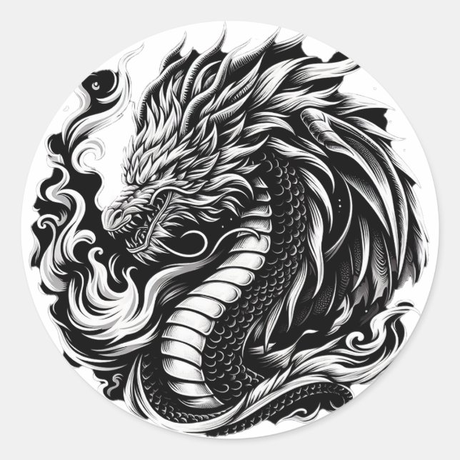 Fantasy Dragon Black/White Classic Round Sticker (Front)