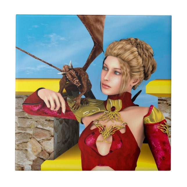 Fantasy Dragon Princess Digital Art Ceramic Tile (Front)