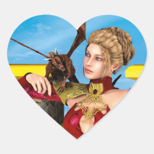 Fantasy Dragon Princess Digital Art Heart Sticker