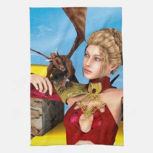 Fantasy Dragon Princess Digital Art Tea Towel