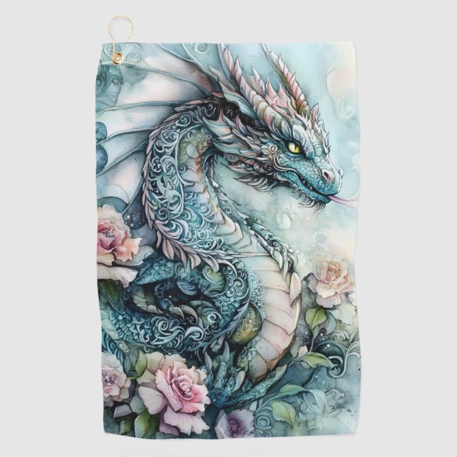 Fantasy Dragon Surrounded by Roses Golf Towel (Front)