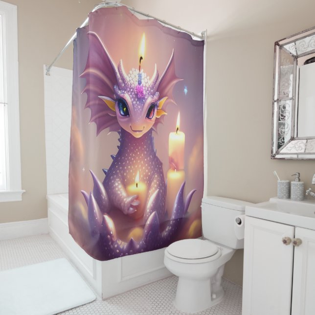 Fantasy Dragon with Birthday Candles Shower Curtain (In Situ)
